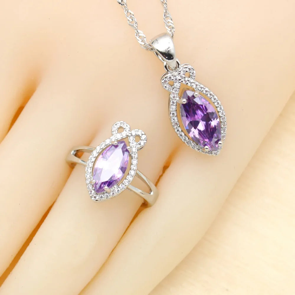 XOTICA 2022 New Classic Purple Crystal Jewellery Sets for Women Zircon Open Ring Pendant Necklace Bracelet Earrings for Wedding Party