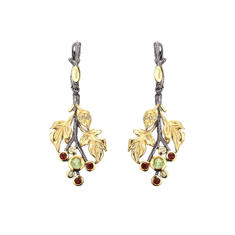 Italian Handmade Vintage Tree Leaves Peridot Stone 925 Sterling Silver 18K Gold Plated Women's Wedding Engagement Earrings