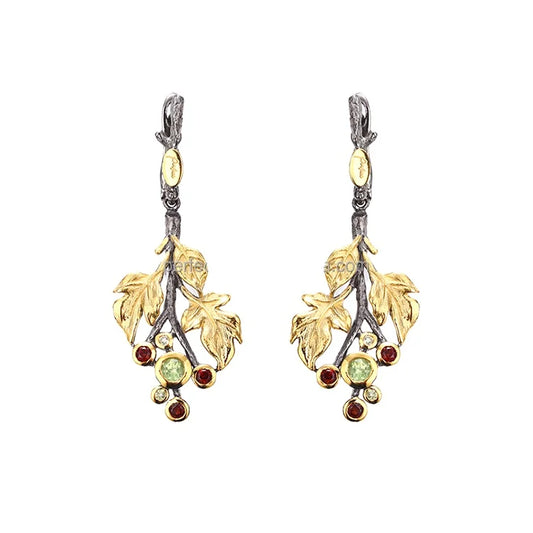 Italian Handmade Vintage Tree Leaves Peridot Stone 925 Sterling Silver 18K Gold Plated Women's Wedding Engagement Earrings