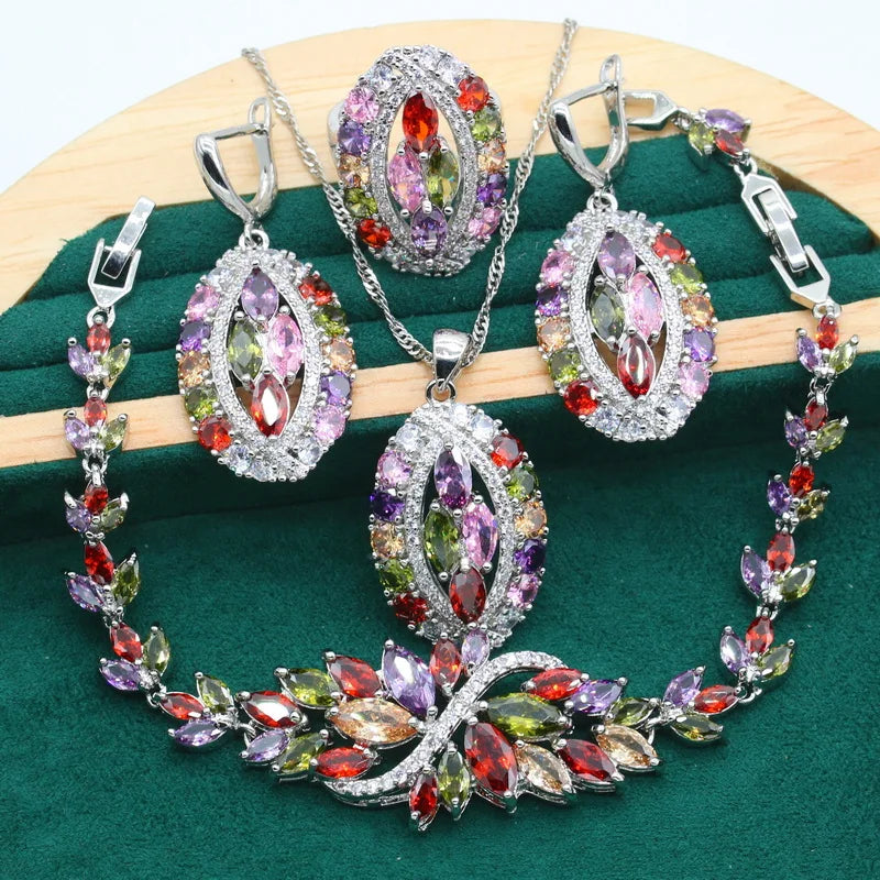 XOTICA Women's Sterling Silver 925 Wedding Jewelry Set Including Bracelet Earrings Pendant Ring Green Peridot Zircon for Party Gift