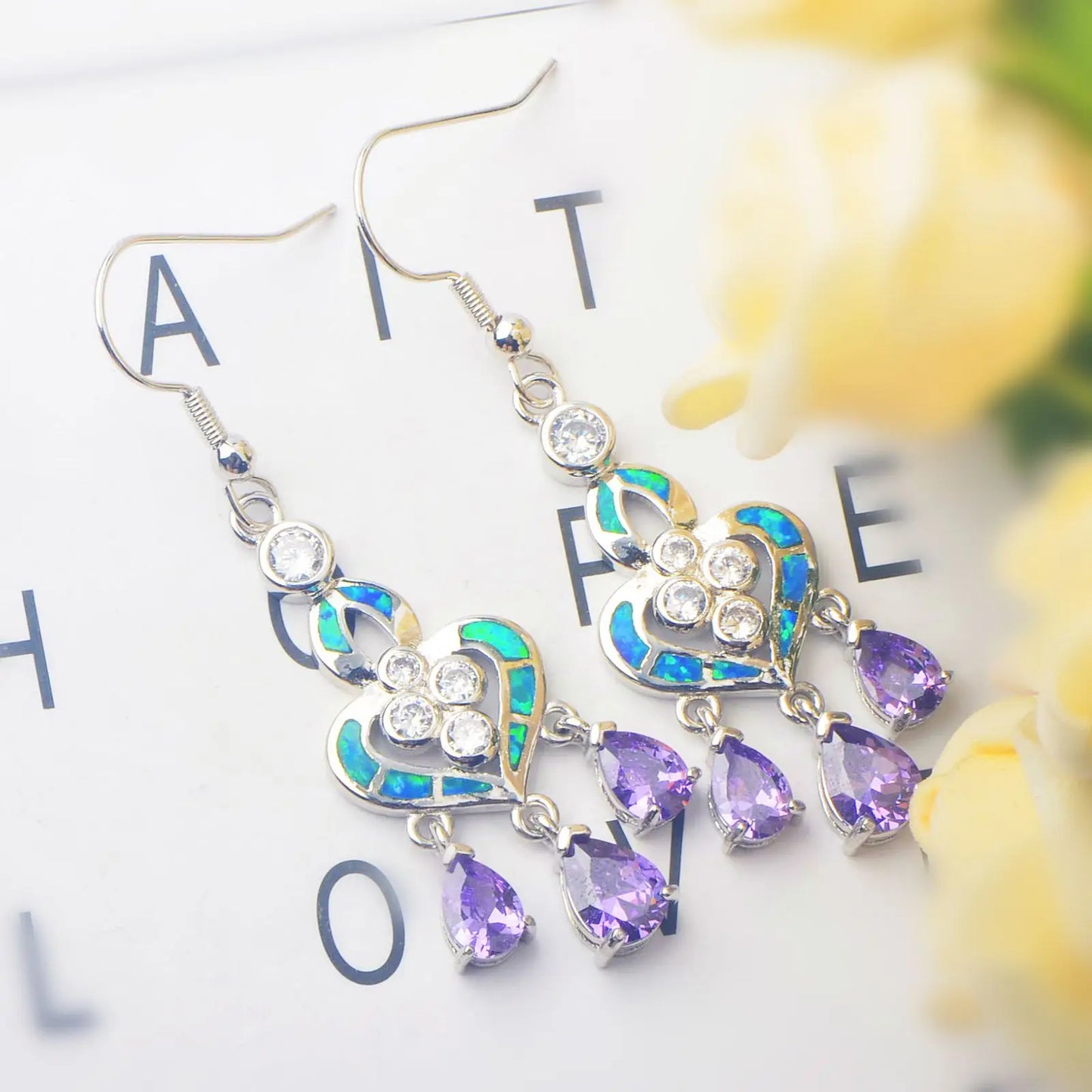 Ornate Heart Opal & Amethyst Drop Earrings - Blue Opal Inlay & Purple Gem Tassels | Glam Party Jewelry Bulk Gifts