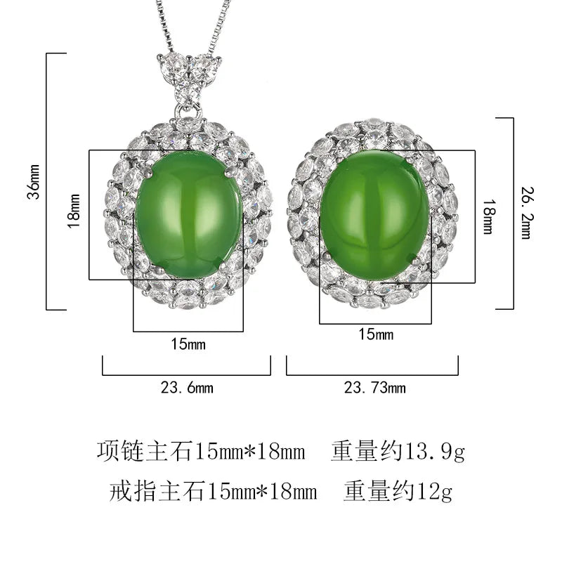 REDheart Fashion Copper Inlaid Zircon Rhodium & Gold Plated Green Chalcedony Light Luxury Anniversary Necklace Set