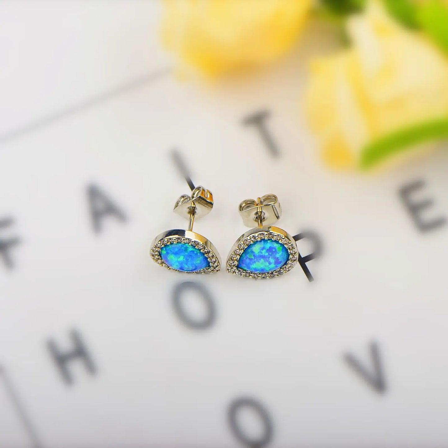 Teardrop Opal Halo Stud Earrings - Blue Fire Opal & Paved CZ Frame Design | Elegant Daily Jewelry Bulk Gifts