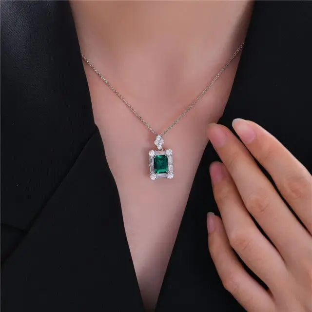 ArtistA S925 Sterling Silver Jewelry High Quality Rectangular Lab Grown Emerald Green Gemstone Rings Earring Necklace Jewelry Set
