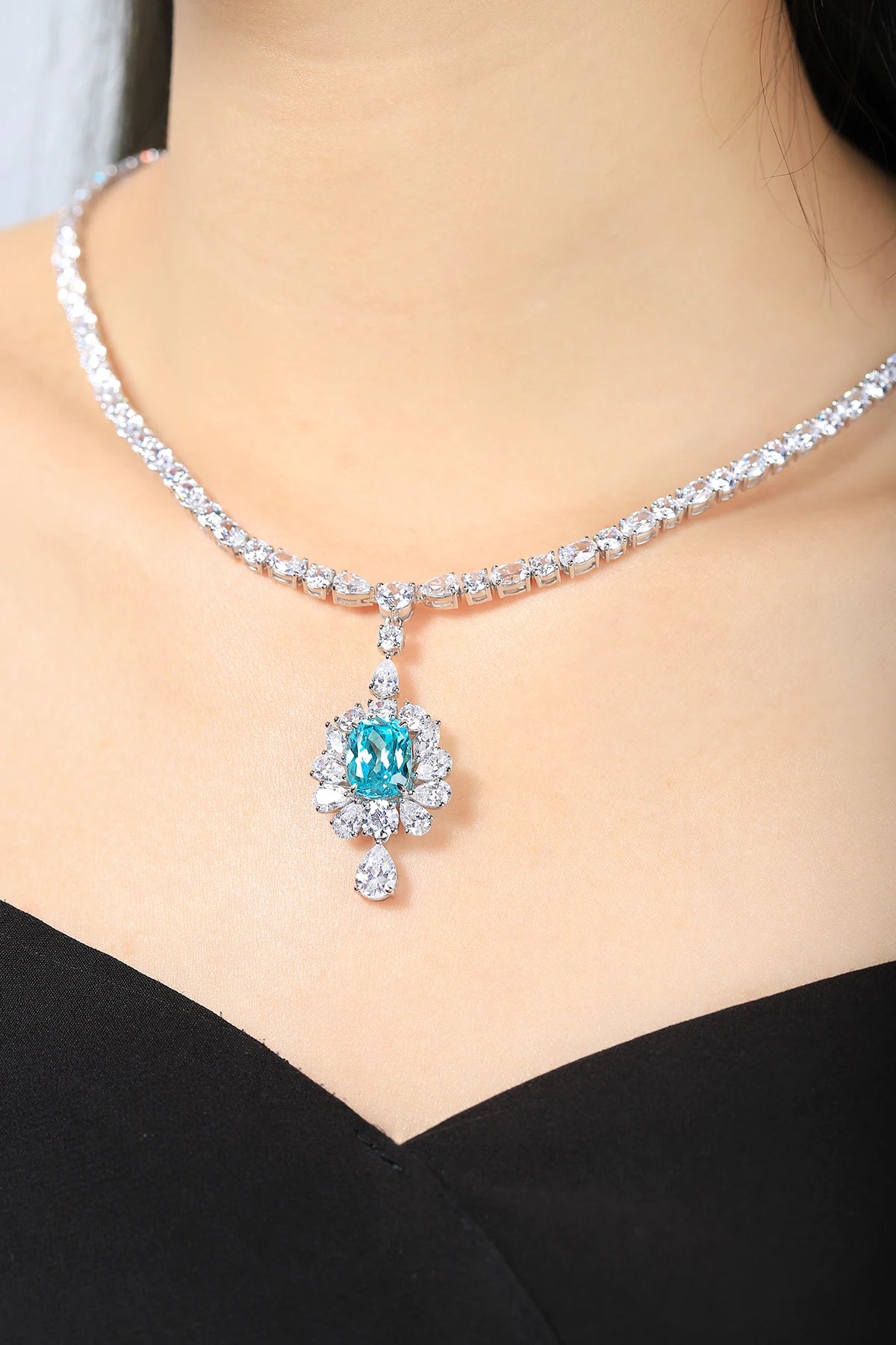 Gemfiori S925 Silver Luxury Lab Created Gemstone Necklace High Quality Women's Cubic Zirconia Lab Grown Paraiba Pendant Necklace