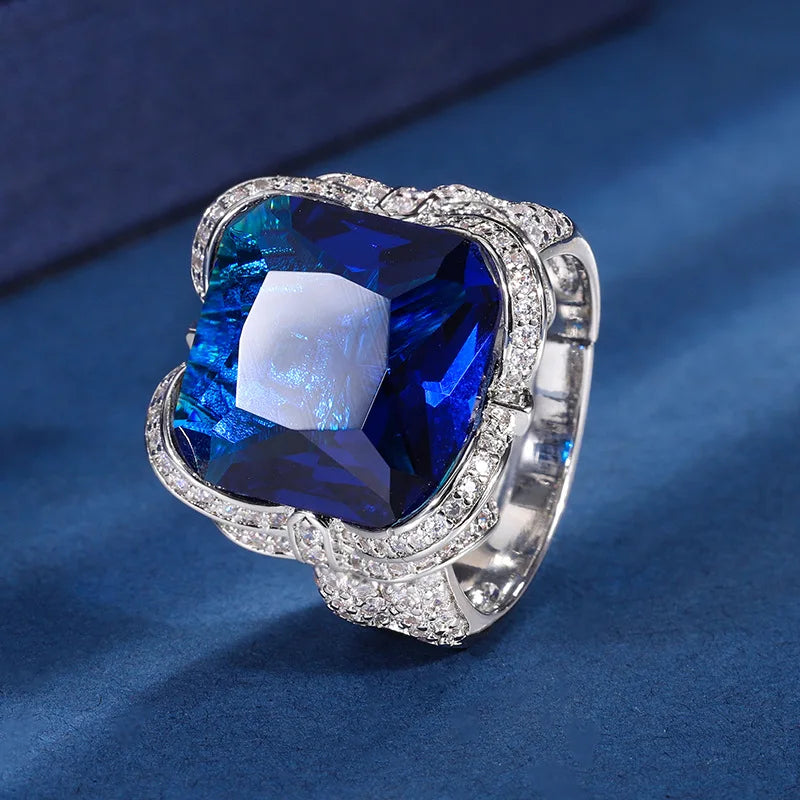 Gemfiori Korean Fashion Jewelry Light Luxury Temperament Pendant Inlaid with Blue Zircon Ring Jewelry Set