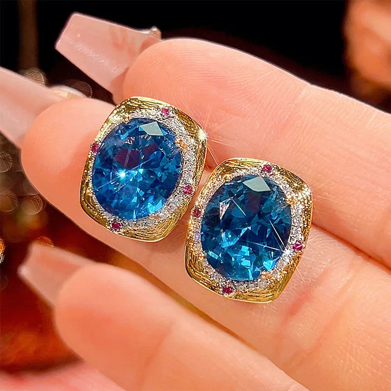 Gemfiori New Hot Selling Royal Noble Blue Egg Shaped Zircon Pendant Earrings and Rings Set for Dinner and Party Accessories