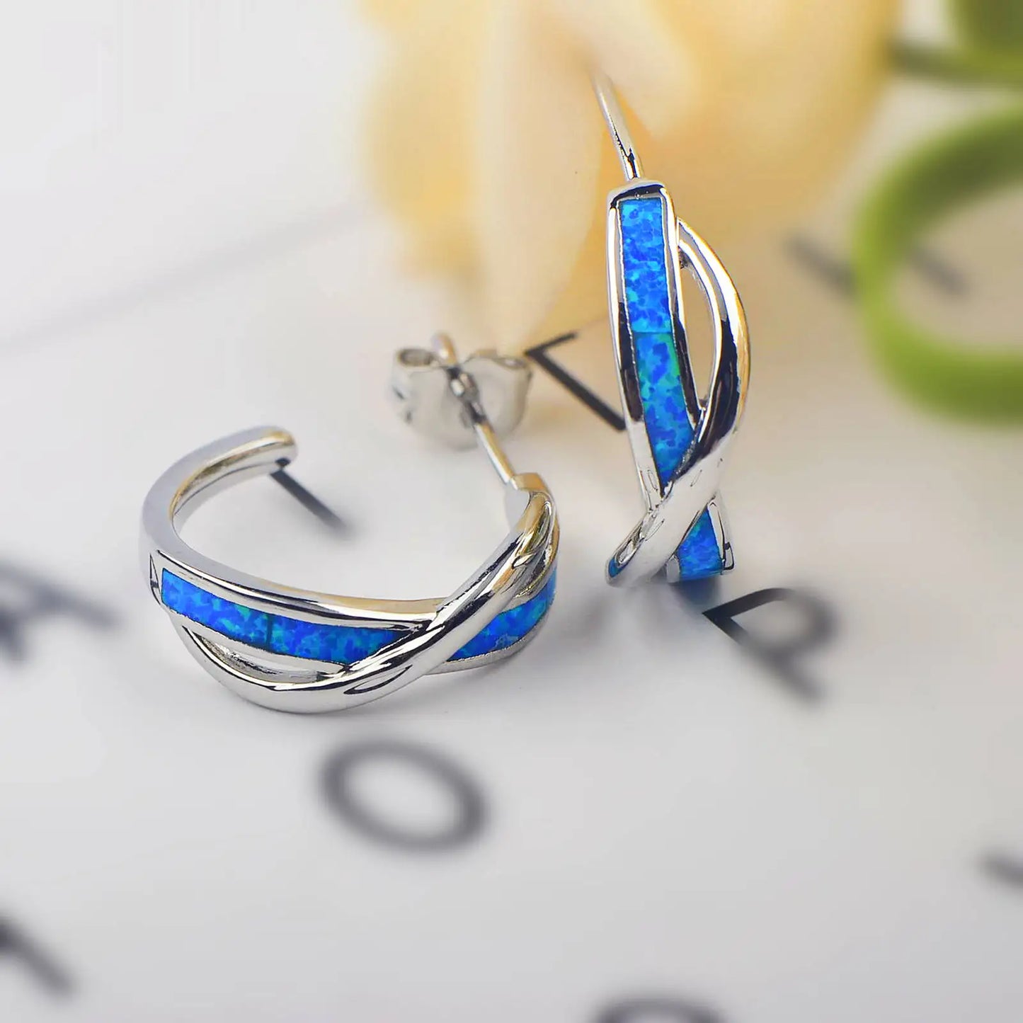 Eternal Twist Opal Huggie Earrings - Blue Fire Opal Inlaid Infinity Design | Minimalist Meaningful Jewelry Bulk Gifts