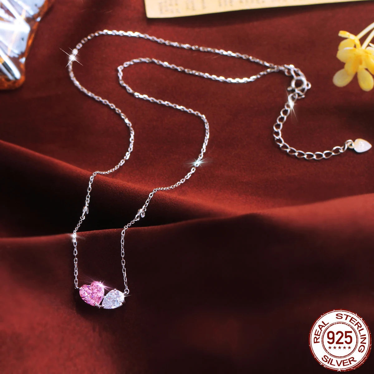 S&S 925 Sterling Silver Pink Heart CZ Drop Pendant Necklace – Rhodium Plated – Collection