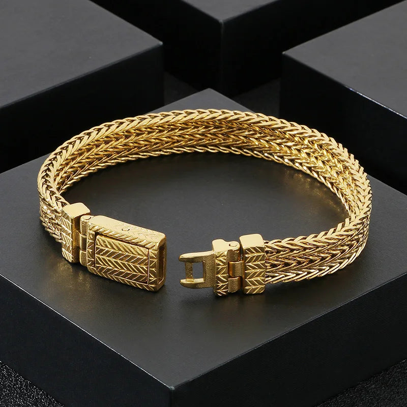 KALEN Men Punk 215mm Stainless Steel Leaf Mark Herringbone Links Bracelet