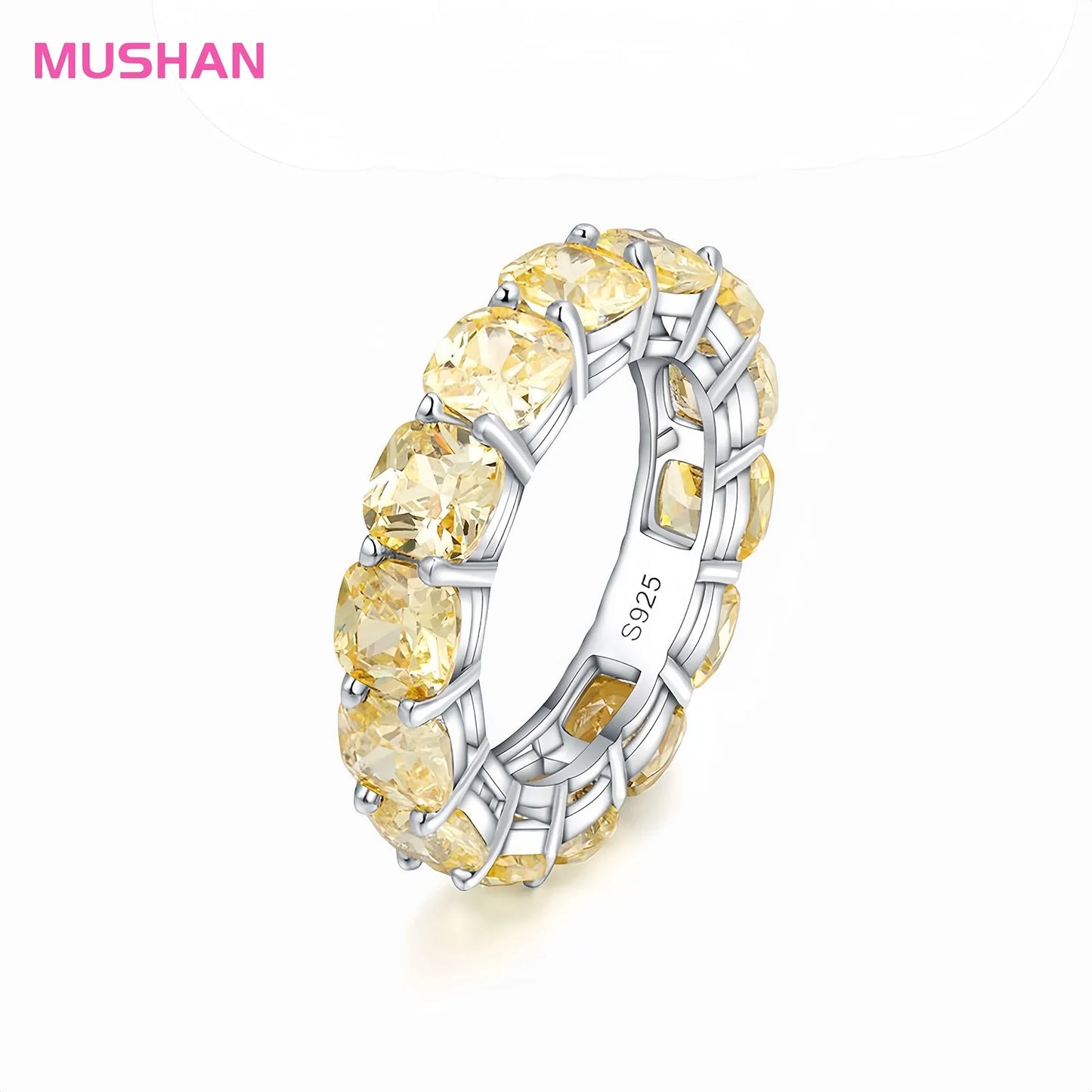 MUSHAN Jewelry Factory Yellow CZ High Carbon Diamond Eternity Band Women Rings 18K Gold Plated 925 Sterling Silver Jewelry Rings