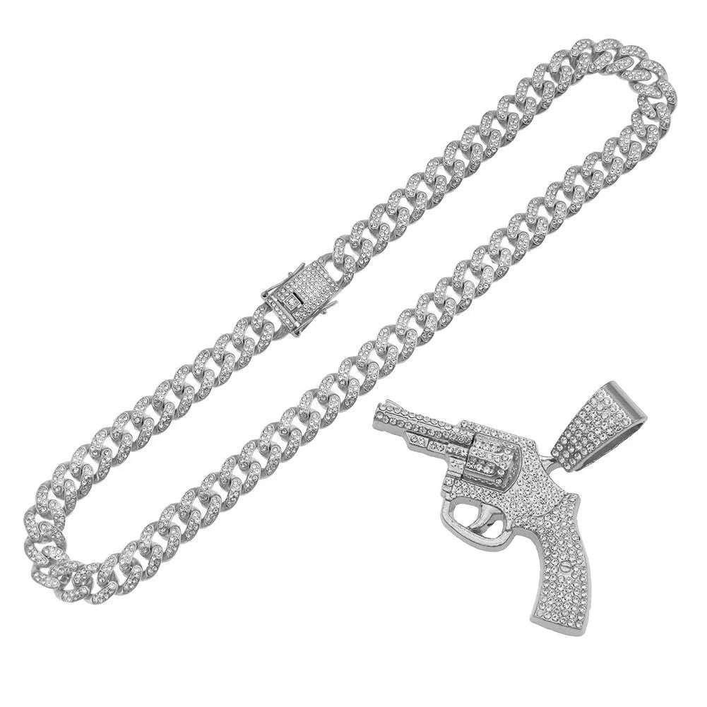 Hip Hop Jewelry 14k Gold Plated Gun Pendant Iced Out Diamond Cuban Chain Necklace for Men Fashion Jewelry