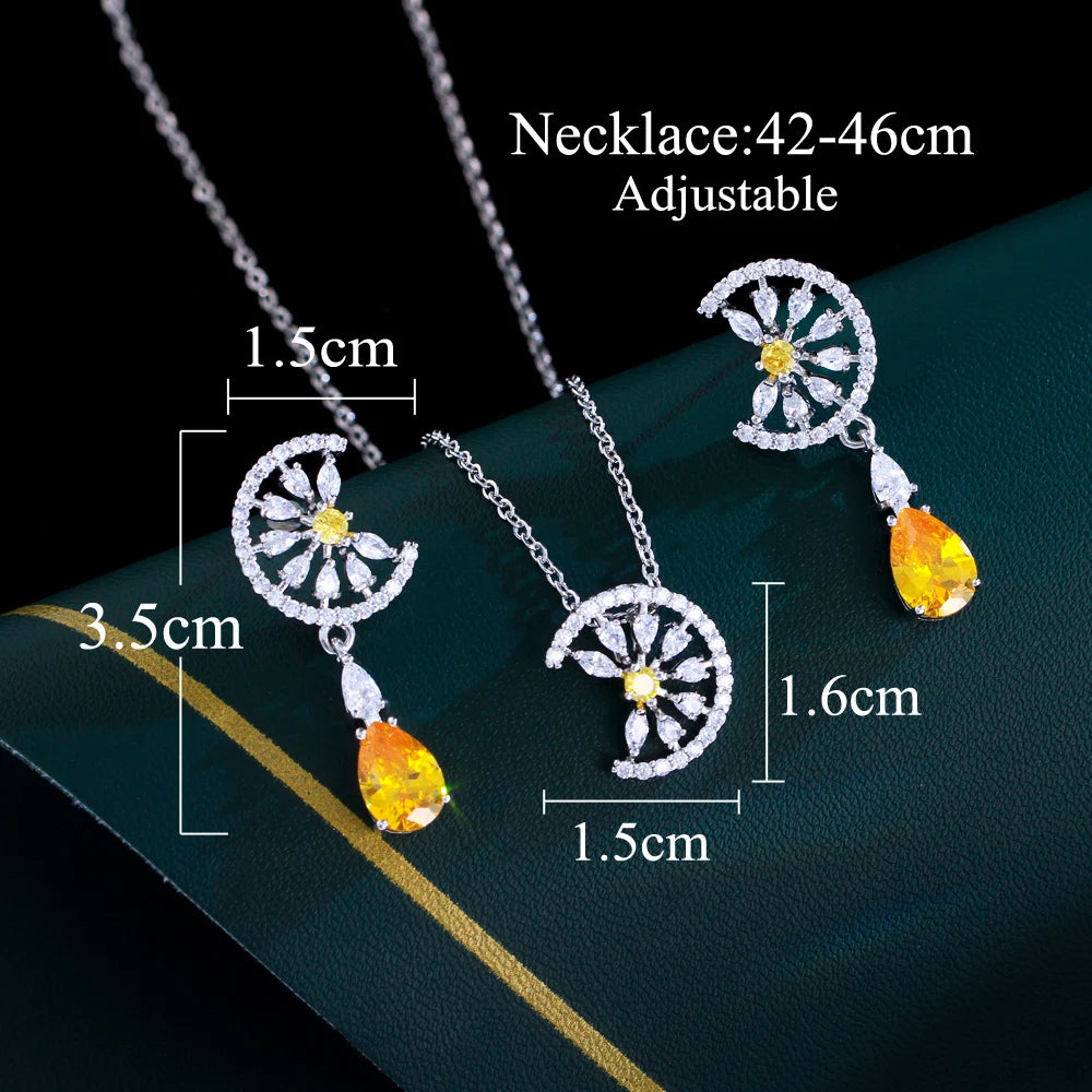 Dainty Blue Water Drop Cubic Zirconia Engagement Half Round Pendant Necklace and Earrings Fashion Jewelry Set for Women