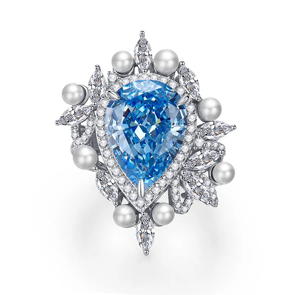 MuShan Jewelry Factory 925 Sterling Silver Rings High Carbon Diamond 11*15mm Ocean Heart Blue Water Drop Gemstones Ring Jewelry