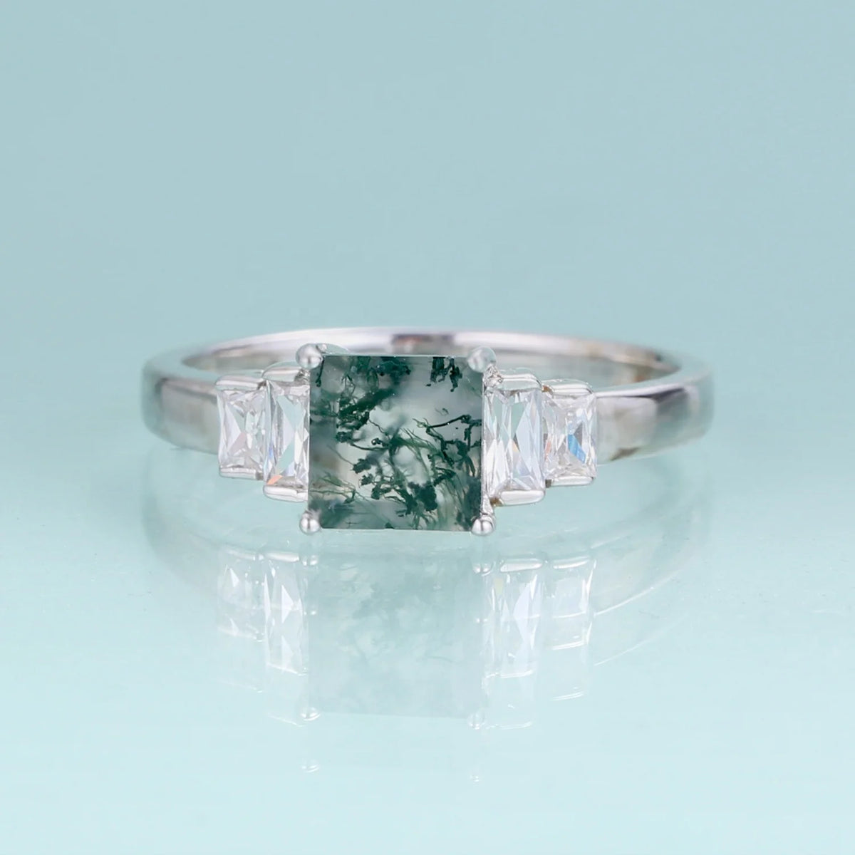 ArtistA F0343 Abiding Five Stone Design 925 Sterling Silver Princess Cut 6x6mm Natural Moss Agate Square Shape Engagement Ring