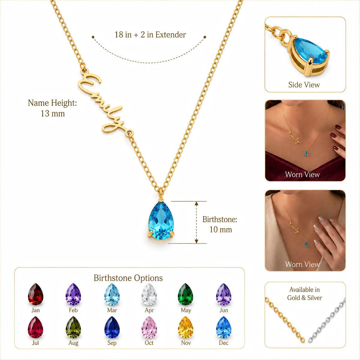 Waterproof Stainless Steel Custom Birthstone Name Necklace with CE RoHS Certified PVD Gold Plated Jewelry for Brand Dropshipping