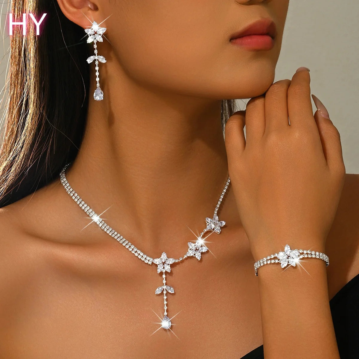 HY Daihe Set Glamorous Diamond Flower Leaf Tassel Chain Fashion Choker Necklace Earrings Party Wedding Jewelry Set
