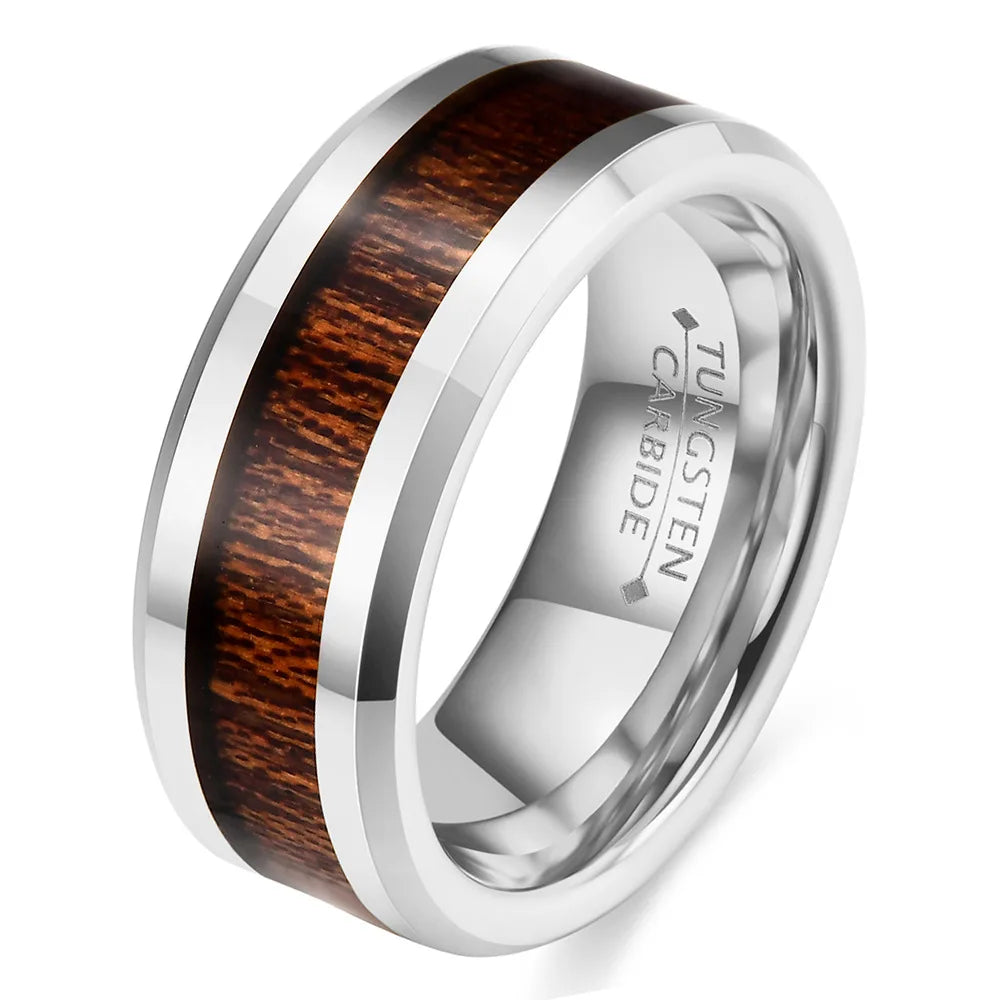 Vintage 8mm Classic Tungsten Carbide 18K Gold Plated Wood Inlay Geometric Wedding Band Ring for Men Nature Collection