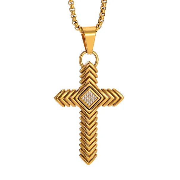 REBEL Pvd Gold Black Silver Metal Color Plated Hip Hop 316 Stainless Steel with Bling Zircon Striped Cross Pendant Necklace
