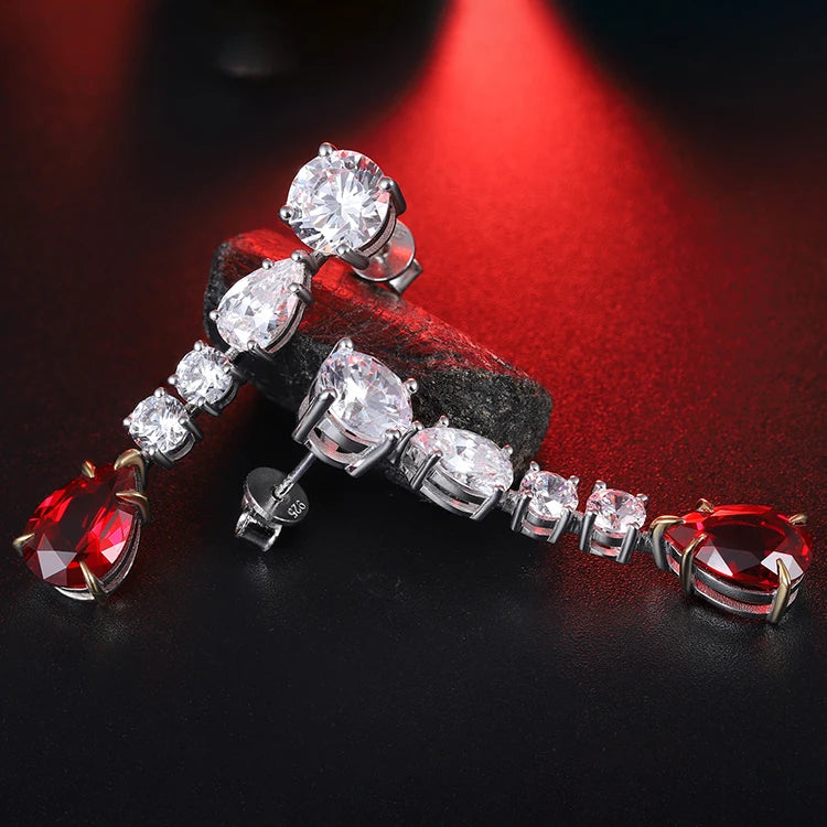 Gemfiori Anster High Quality Fine S925 Silver Lab Grown Ruby Stud Earrings Stylish and Elegant Long Earrings