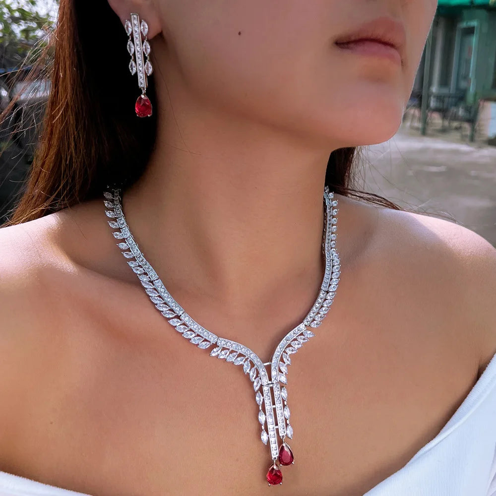 Luxury Pear-Cut Zirconia Ruby Red Tassel Necklace & Earrings Bridal Set — Rhodium Plated