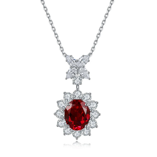 Gemfiori Latest Ruby Set Jewelry Lab Grown Gemstone Pigeon Blood Ruby Diamond S925 Link Chain Minimalist Pendant Necklace