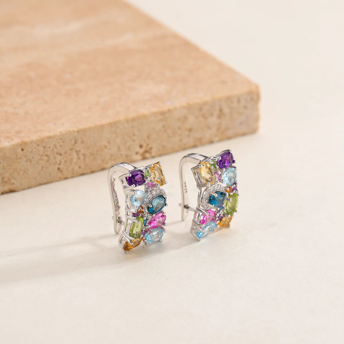 ArtistA A4014 Abiding Colorful Luxury Mix Gemstone Real 925 Sterling Silver Fine Jewelry Natural Gemstones U Shape Hoop Earrings
