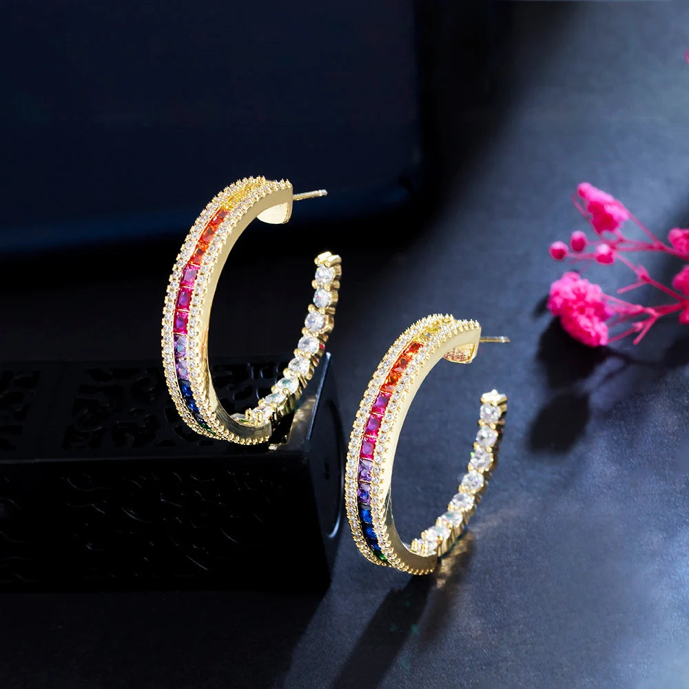 S&S Rainbow CZ Round Hoop Earrings – Princess Cut – 18K Gold Plated – Collection