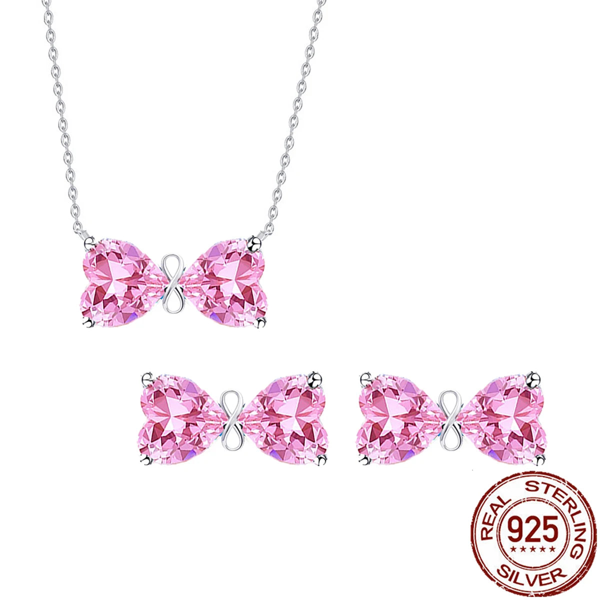 Beauty CZ Jewelry Set Pink Double Heart Zirconia Bow Pendant Necklace Earrings Jewelry Set for Women 925 Sterling Silver Jewelry