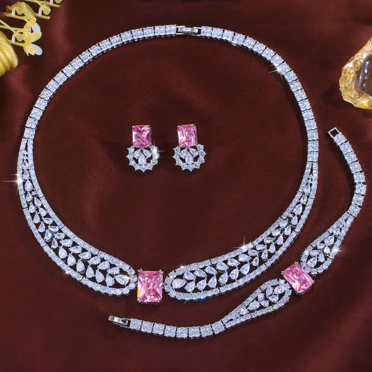 Trendy Water Drop Square CZ Crystal Jewelry Set Pink Cubic Zircon Necklace Earring Bracelet Women Engagement Costume Jewelry Set