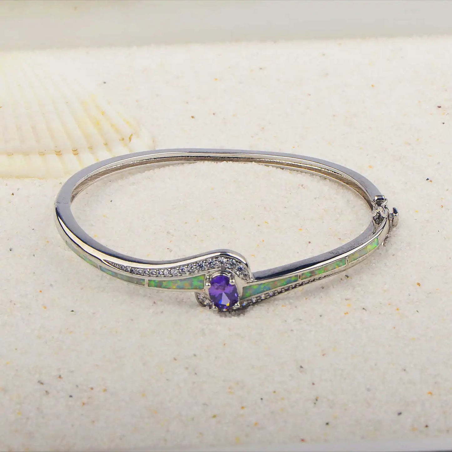 Elegant Blue Opal Bangle Aobao Aquamarine Crystal Inlaid Silver Tone Fashion Jewelry