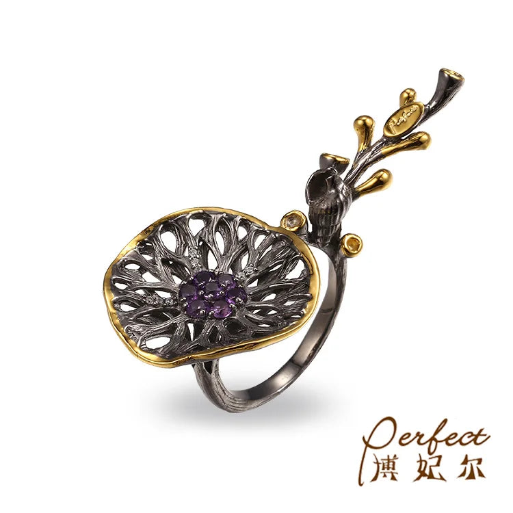 Fashion Handmade Lotus Leaf 925 Sterling Silver Ring With Black Gold Plated