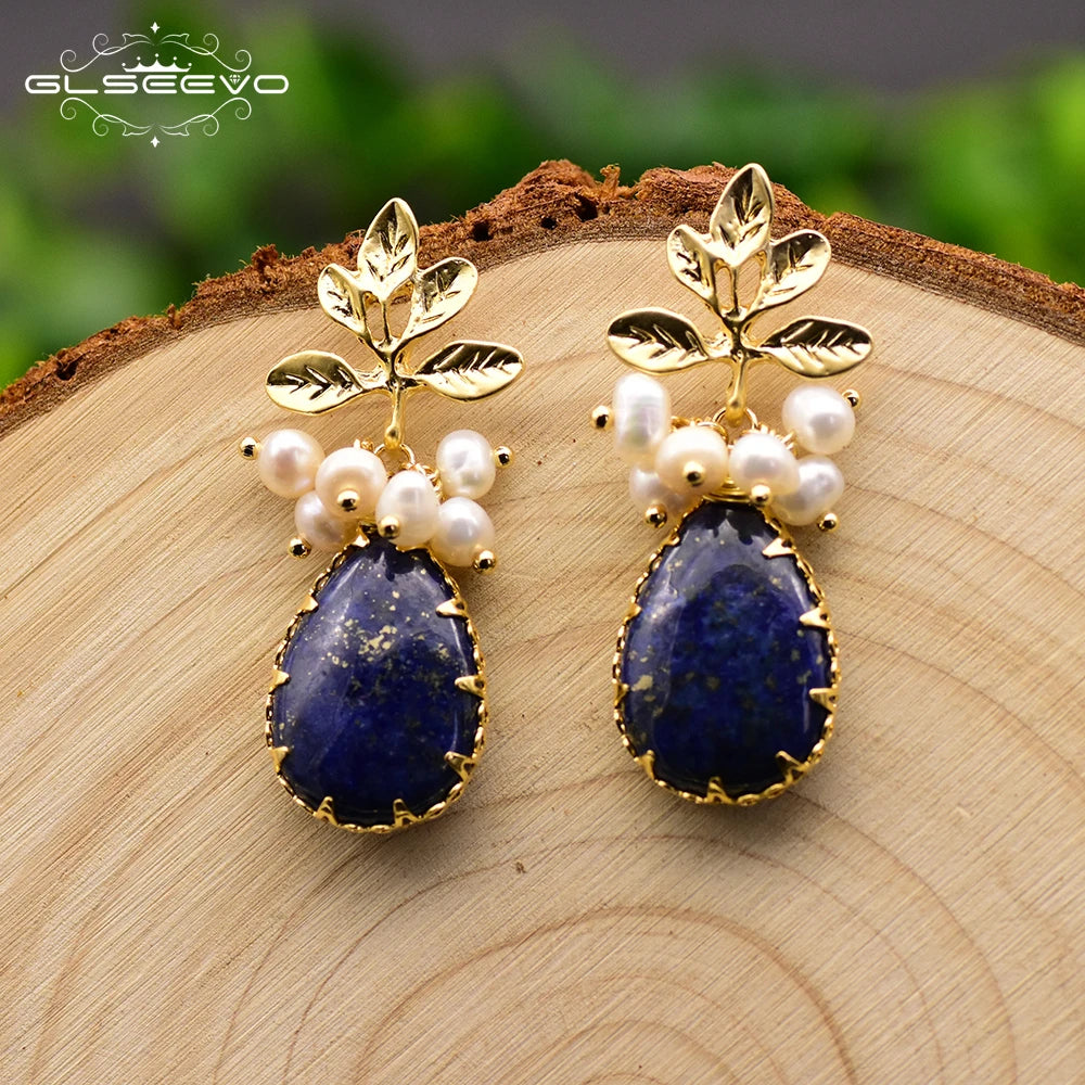 Natural Freshwater Pearl Long Tear Drop Genuine Gemstone Earrings Leaf Monki Earrings for Women Luxury Handmade Fine Jewelry