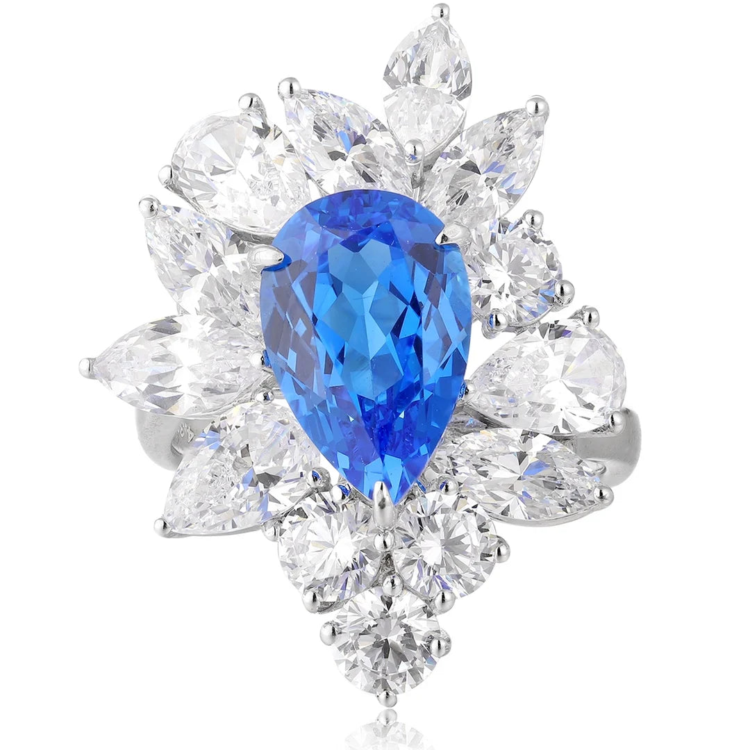 Gemfiori S925 Silver Cultivated Cobalt Spinel Ring Main Stone: 4.3CT Side Stones:9.16CT Weight: 7.37g