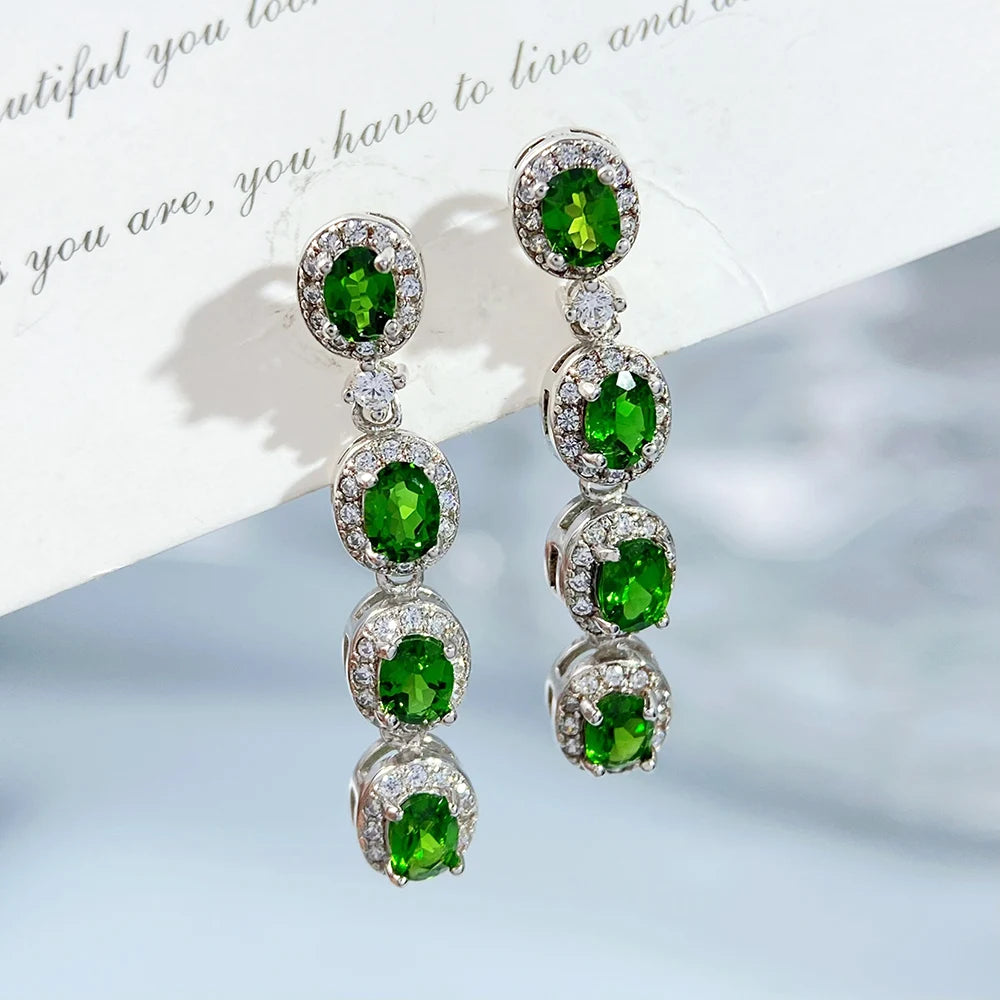 Gioiellieri Elegant Natural Chrome Diopside Drop Earrings S925 Sterling Silver for Women Fine Jewelry Green Gemstone Gift May Birthstone New