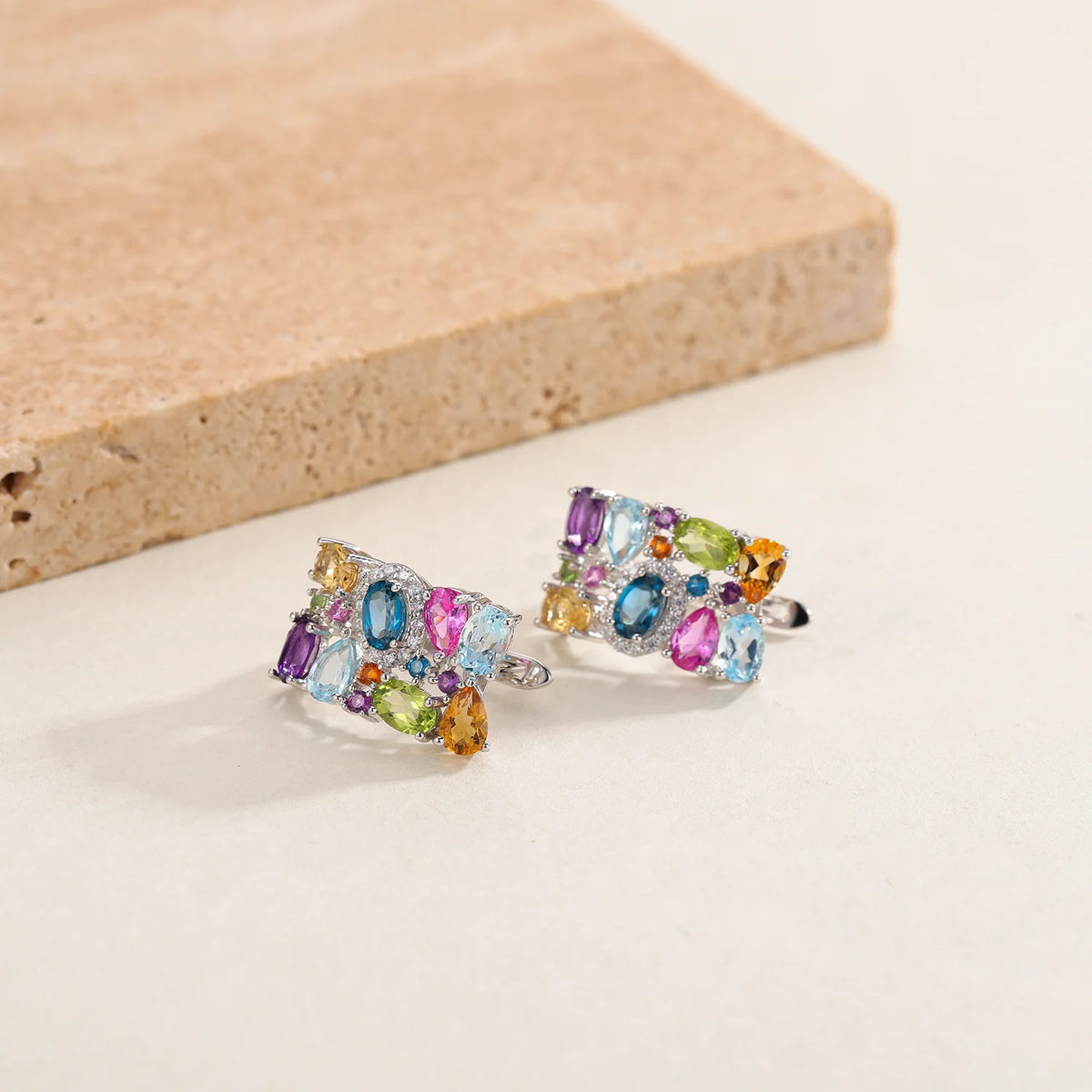 ArtistA A4014 Abiding Colorful Luxury Mix Gemstone Real 925 Sterling Silver Fine Jewelry Natural Gemstones U Shape Hoop Earrings