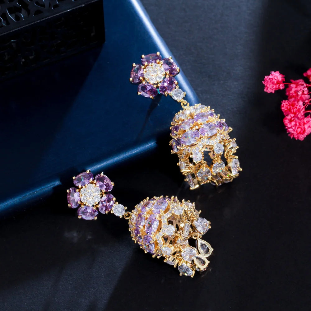 Luxury Purple Cubic Zirconia Crystal Indian Gold Plated Gypsy Bell Dangly Drop Long Earrings for Women Party Costume Jewelry