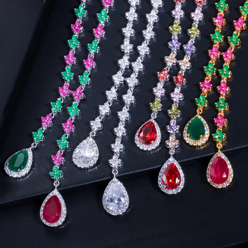 Fashion Mix Multicolor Cubic Zirconia Long Necklace and Earring Party Jewelry Set for Women Wedding Dress Accessories