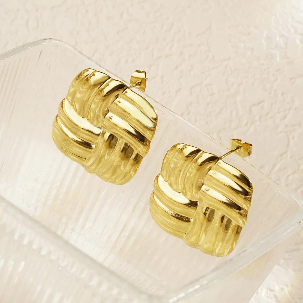 Geometric Square Necklace & Braided Drop Earrings | Retro Gold Plated Stainless Steel Fashion Jewellery