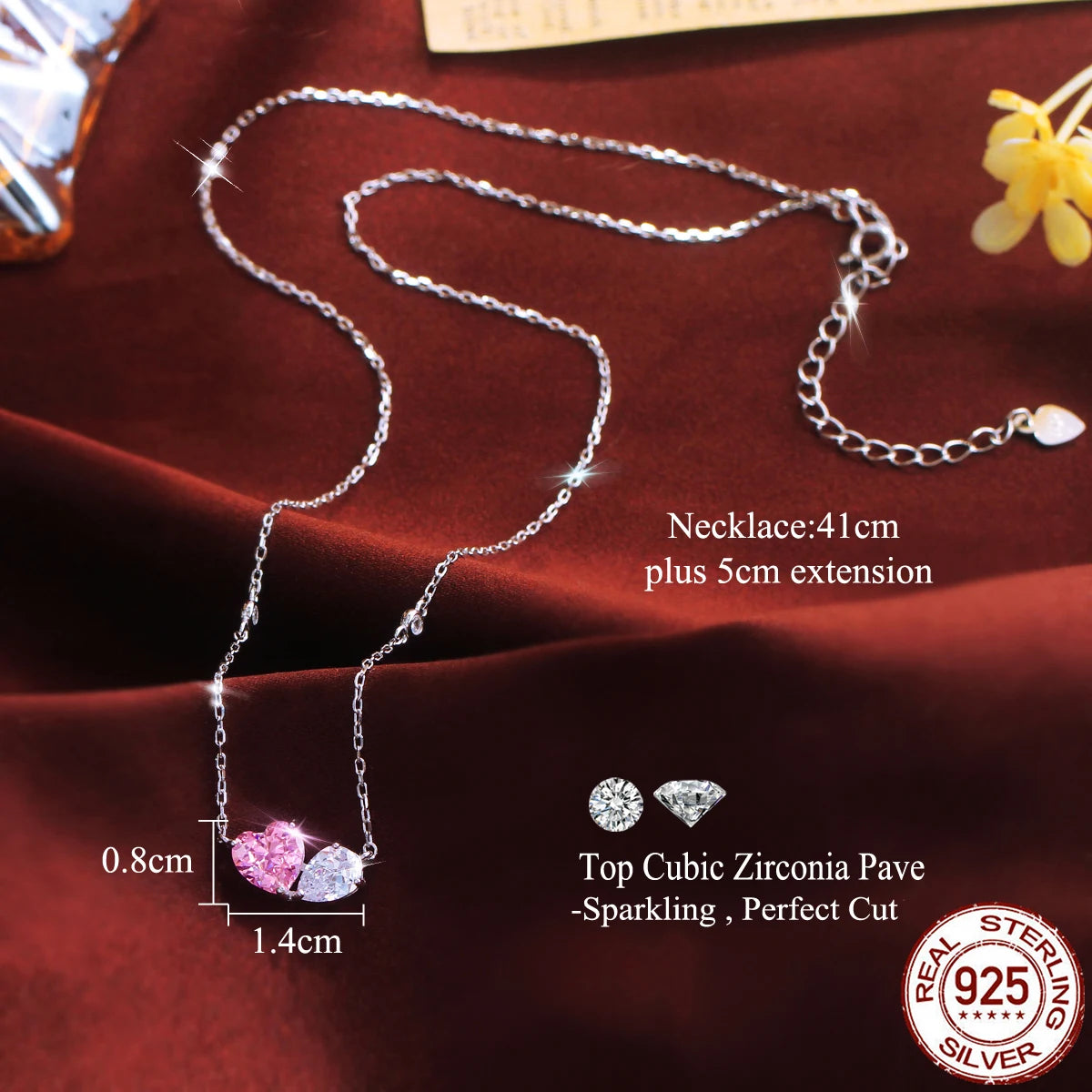 S&S 925 Sterling Silver Pink Heart CZ Drop Pendant Necklace – Rhodium Plated – Collection