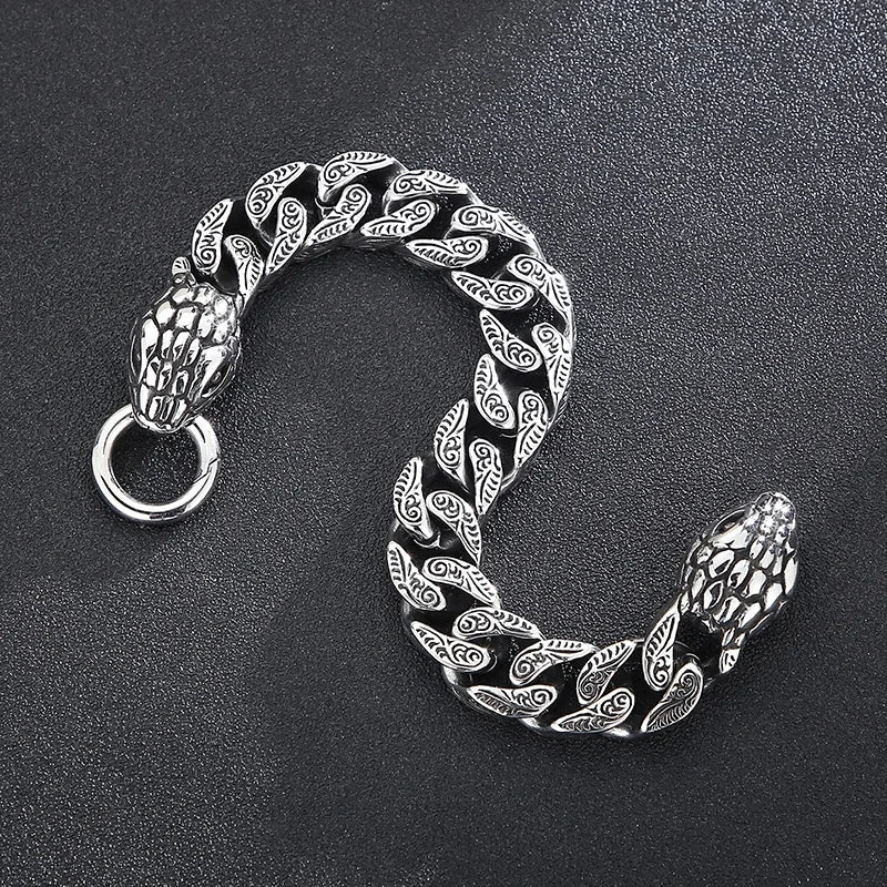 KALEN Men Punk Stainless Steel Ring Clasp Cuban Bracelet With Snake Charms