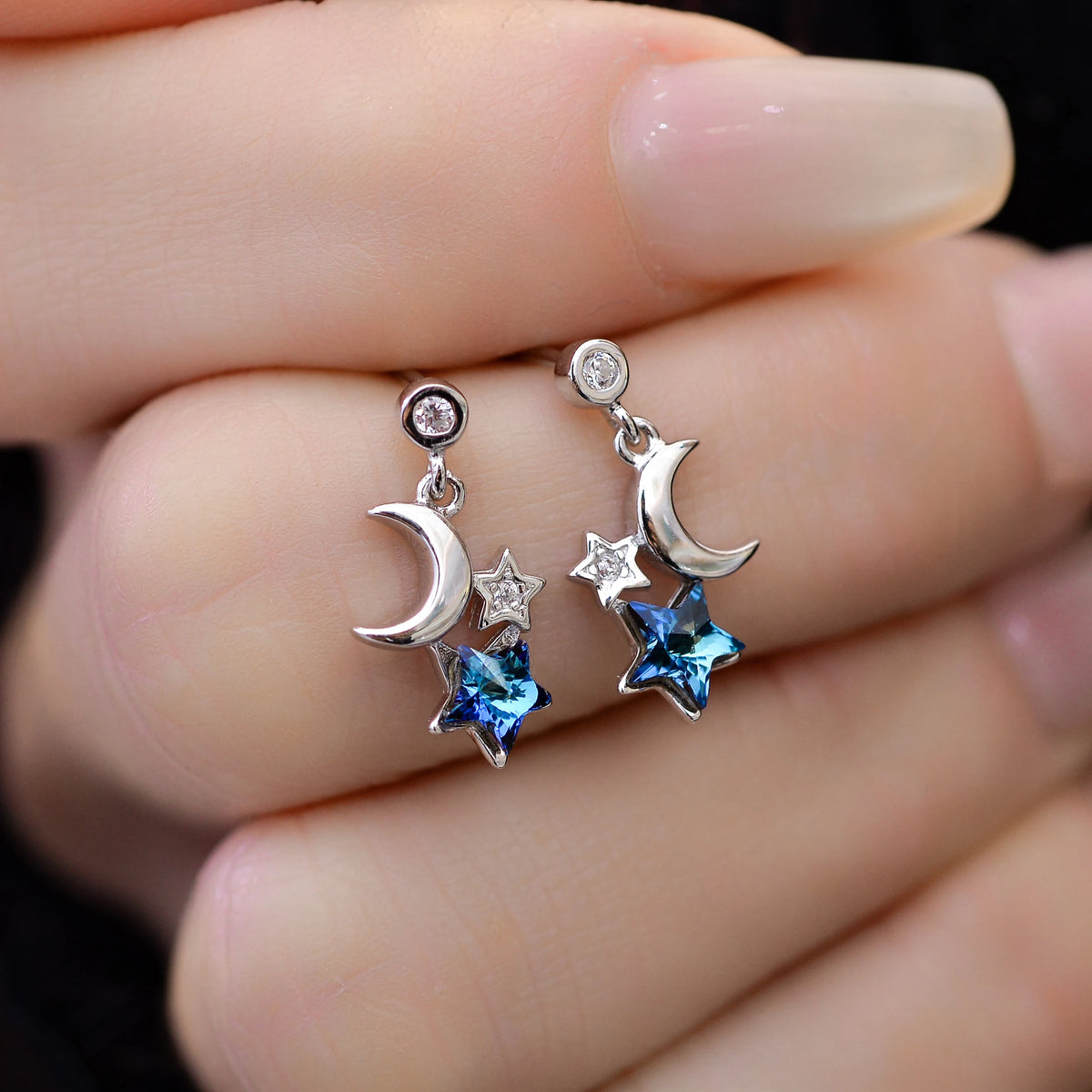 ArtistA Romantic 925 Sterling Silver Blue Star Crescent Moon Jewelry Set Austrian Crystal Drop Earrings Necklace for Women Birthday Gift