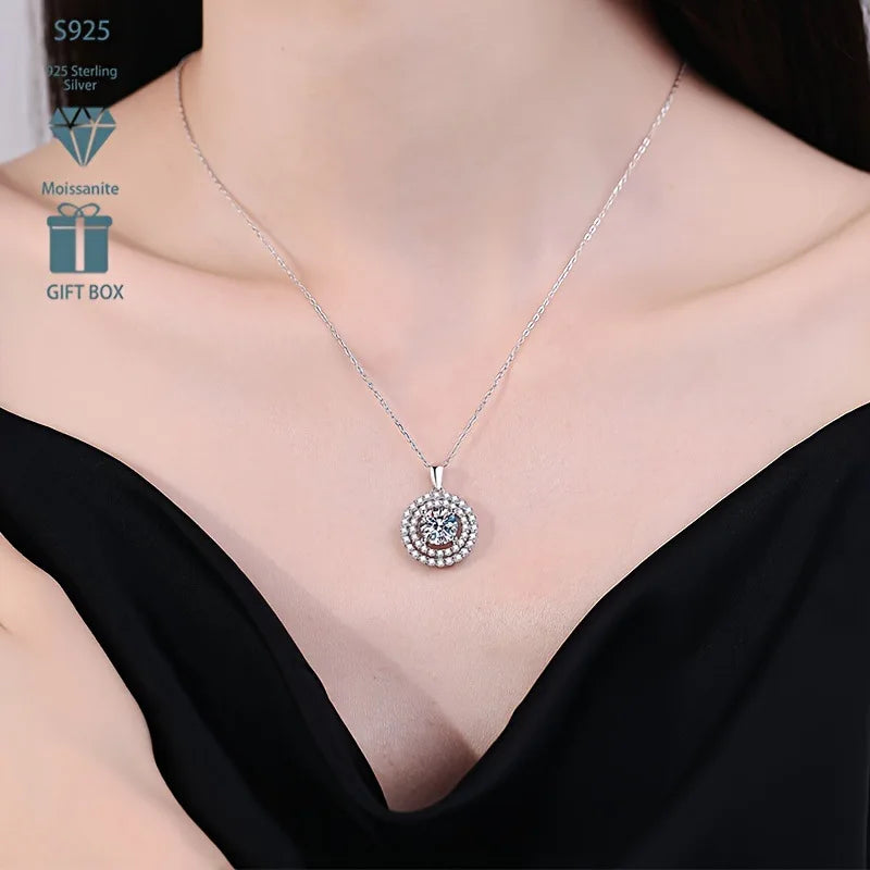Dainty Double Halo Set Round Cut 1ct VVS GRA Colored Moissanite Jewelry Trendy 925 Sterling Silver Disc Pendant Necklace