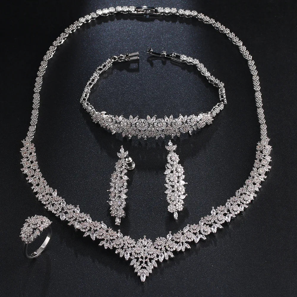 Luxury Round Brilliant Zirconia Exquisite 4-Piece Geometric Romantic Bridal Set — Rhodium Plated