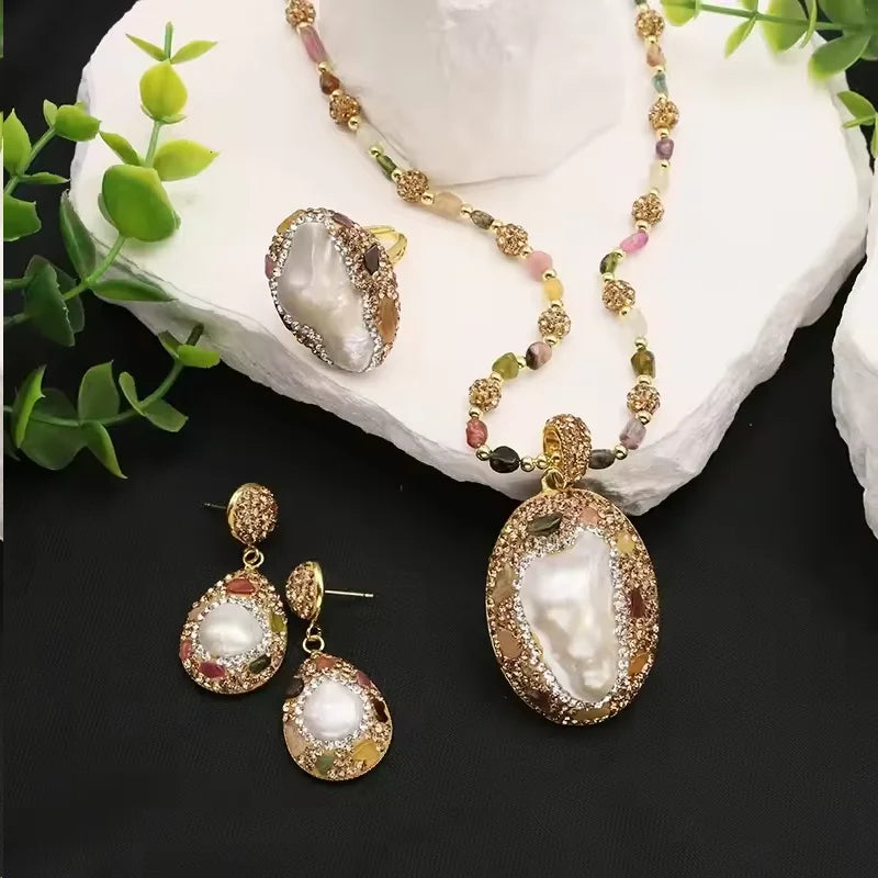 GLSEEVO Natural Baroque Shaped Pearl Women Jewelry Necklace Bracelet Earring Ring Luxury  Women'S Sets for Women Set Gifts