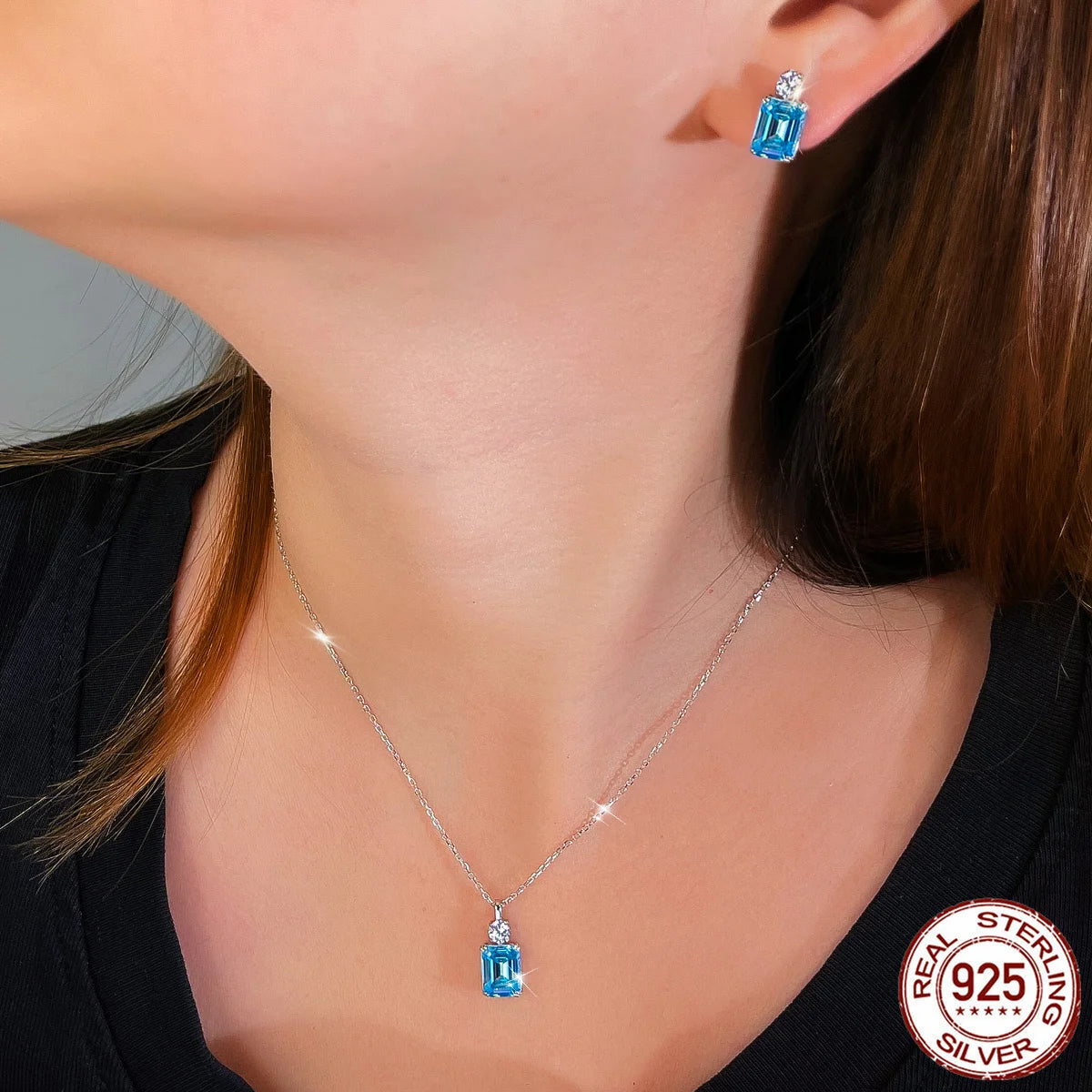 S&S 925 Sterling Silver Blue Baguette CZ Jewellery Set – Necklace & Earrings – Collection