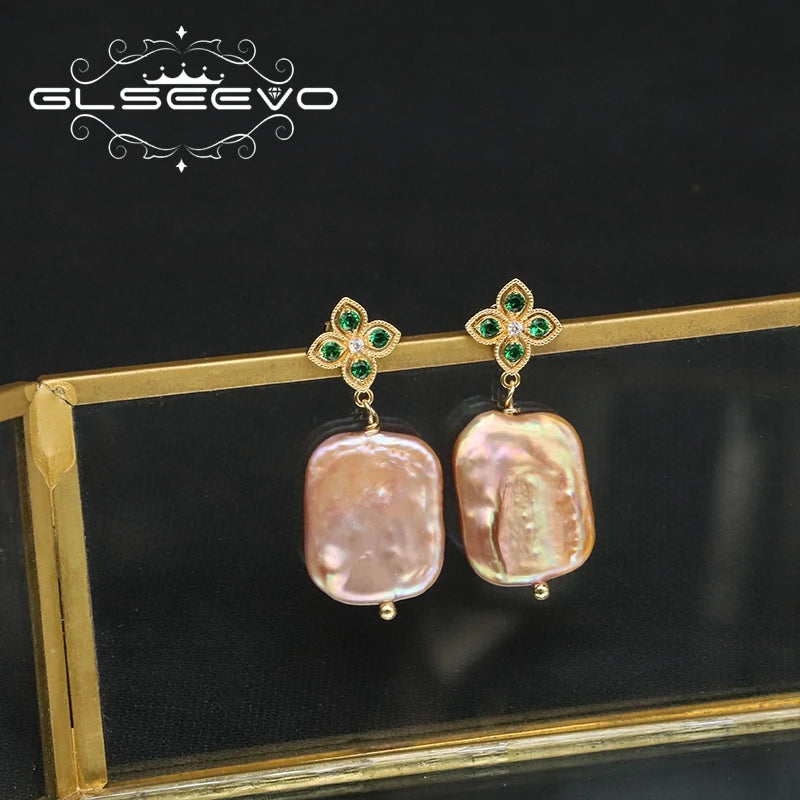 Emerald Flower Silver 925 Jewelry for Woman Geometric Purple Baroque Pearl Earring Korean Style Lady Birthday Eardrop