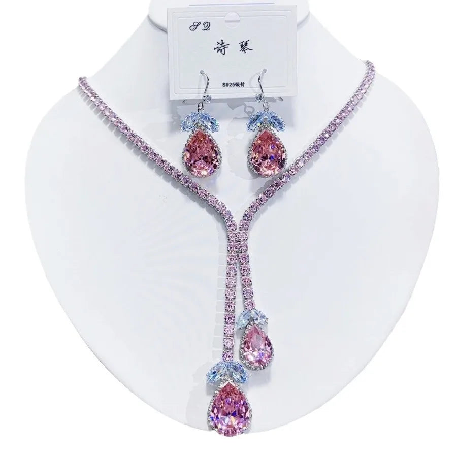 K070 Hot Selling Women Trendy Luxury Water Drop Zircon Bridal Necklace Earrings Set Wedding Elegant Jewelry Set