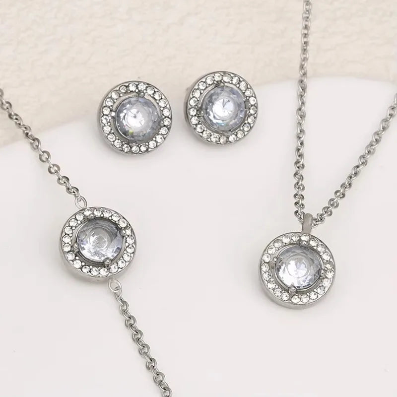 S&S Stainless Steel Round Zircon Necklace, Bracelet & Earring Set – Collection