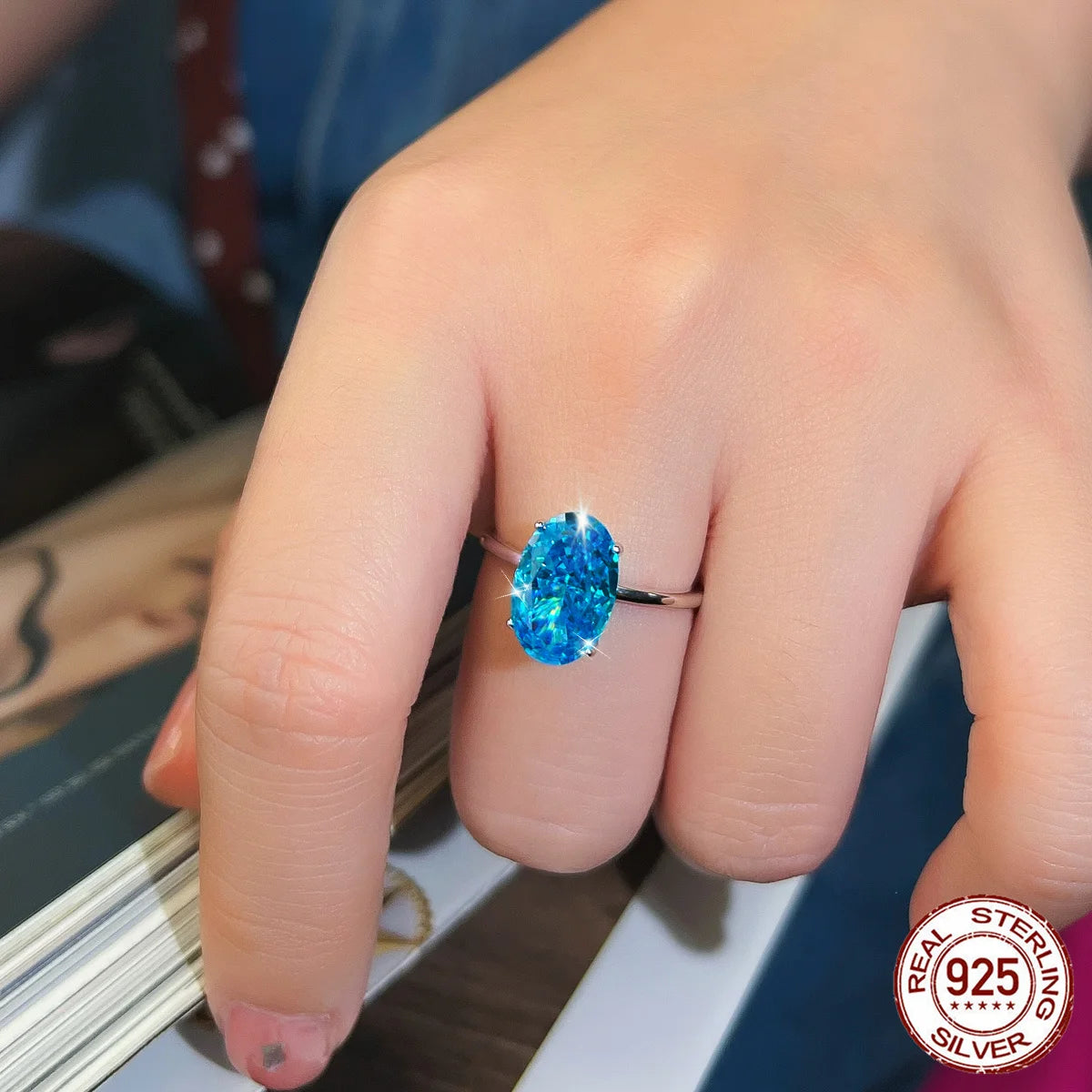 S&S 925 Sterling Silver Blue Oval-Cut CZ Cocktail Ring – Rhodium Plated – Collection